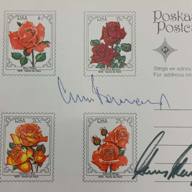 1979 South Africa Rose postcard with Gary Player and Prof Chris Barnard roses - signed by them both