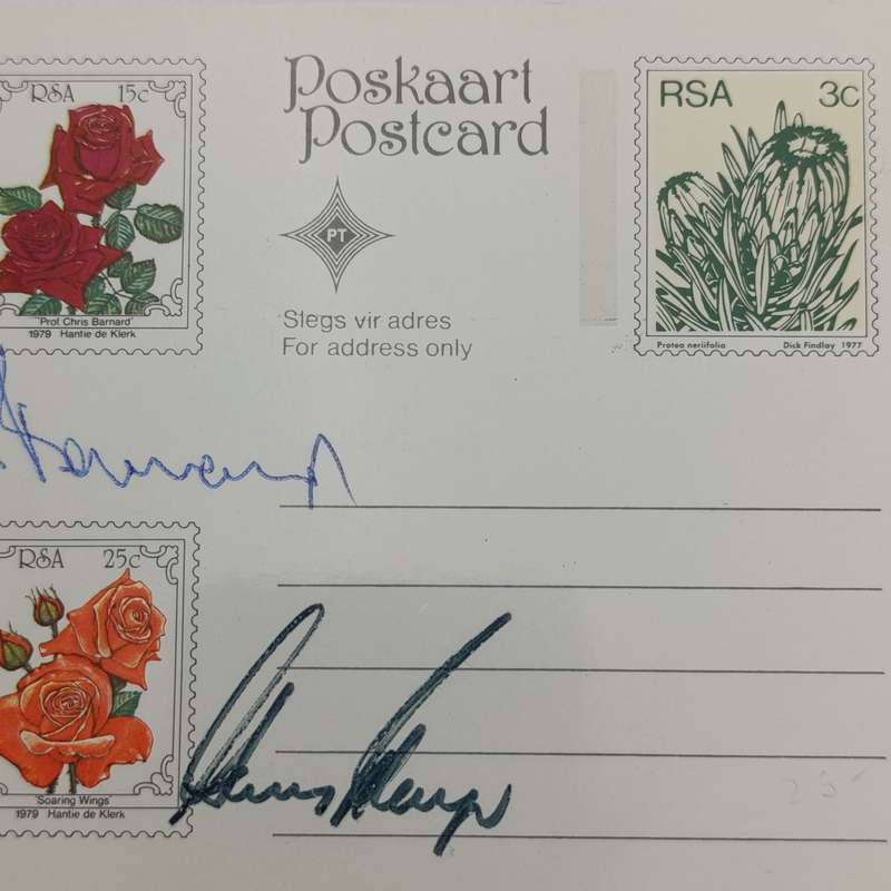 1979 South Africa Rose postcard with Gary Player and Prof Chris Barnard roses - signed by them both