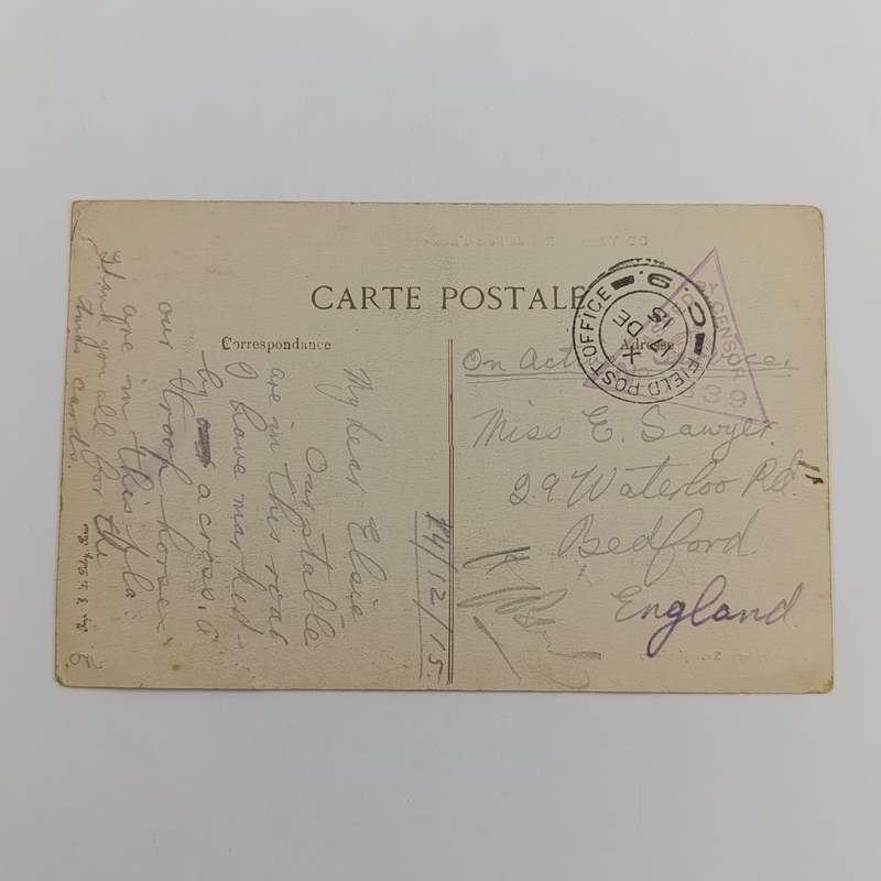 Censored WW1 postcard sent from Field Post Office C9 to Bedford England - December 1915