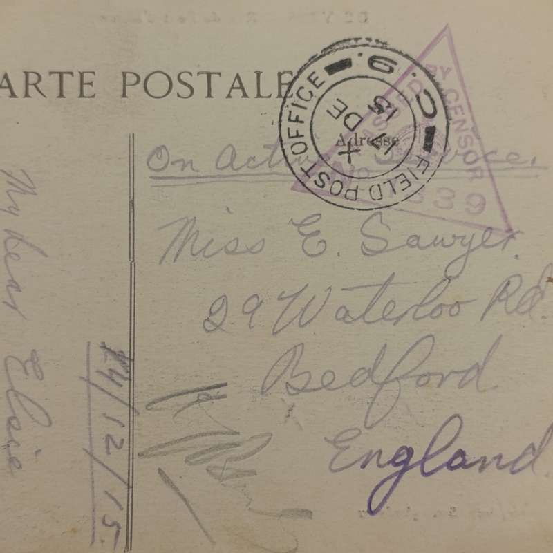 Censored WW1 postcard sent from Field Post Office C9 to Bedford England - December 1915