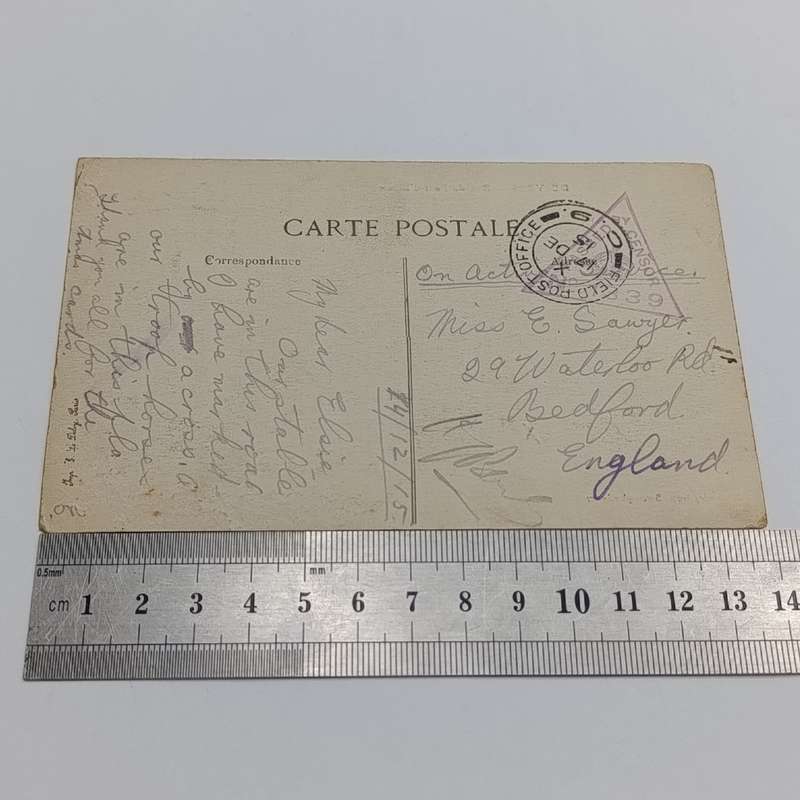 Censored WW1 postcard sent from Field Post Office C9 to Bedford England - December 1915