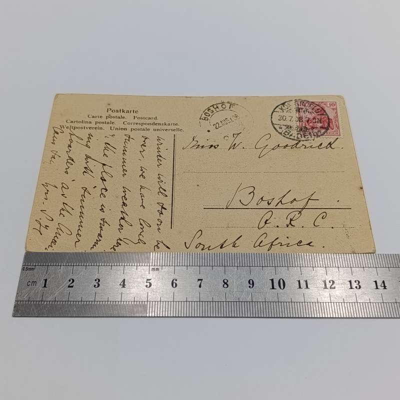 1908 Postcard from Baden, Germany to Boshof, Orange River Colony Picture of girls in Spinning class
