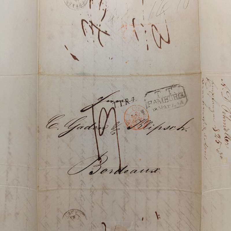 1843 letter from Hamburg to Bordeaux forwarded through the Thurn & Taxis administration in Hamburg