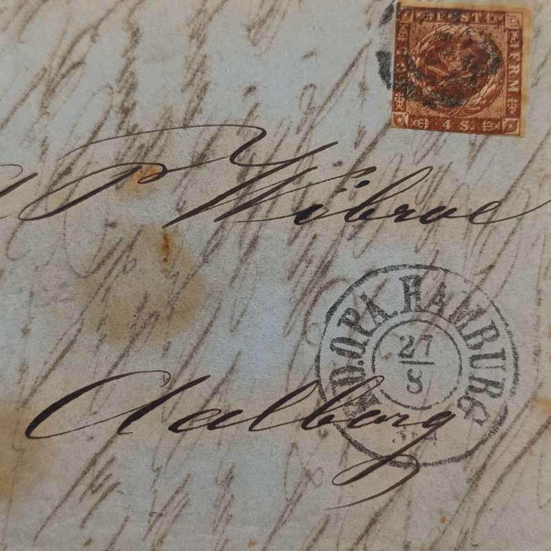 1859 Early Letter from the Danish Post Office in Hamburg to Aatborg franked with 4 Shilling
