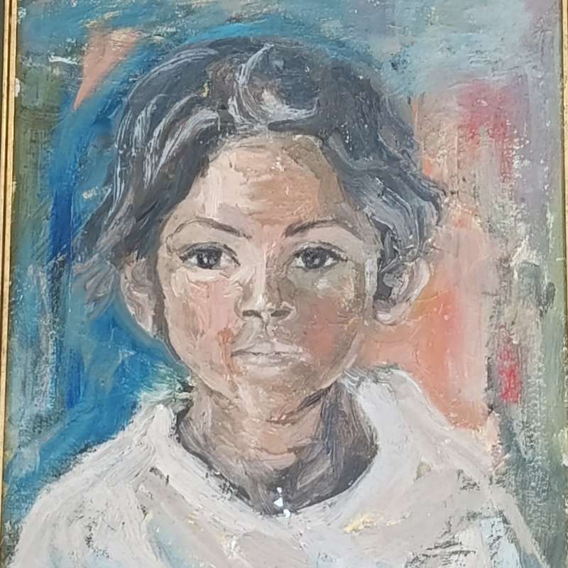 Mimi van der Merwe portrait oil painting on board - 3 small paint chips