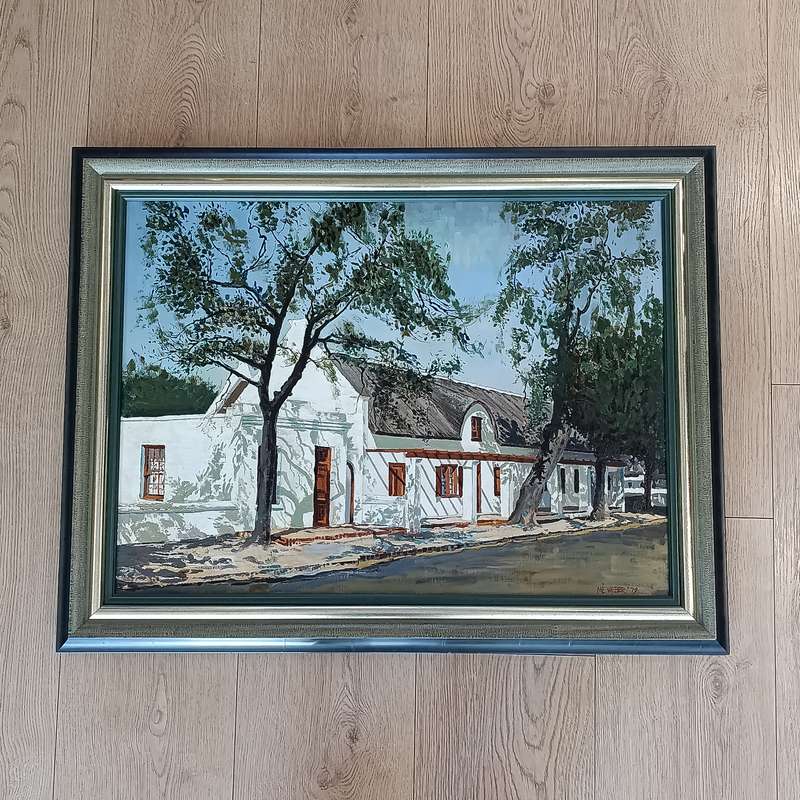 Manie Weber oil painting on canvas of building in Market Street Stellenbosch