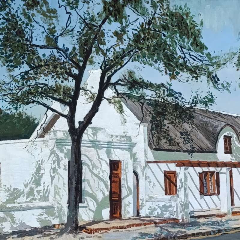 Manie Weber oil painting on canvas of building in Market Street Stellenbosch
