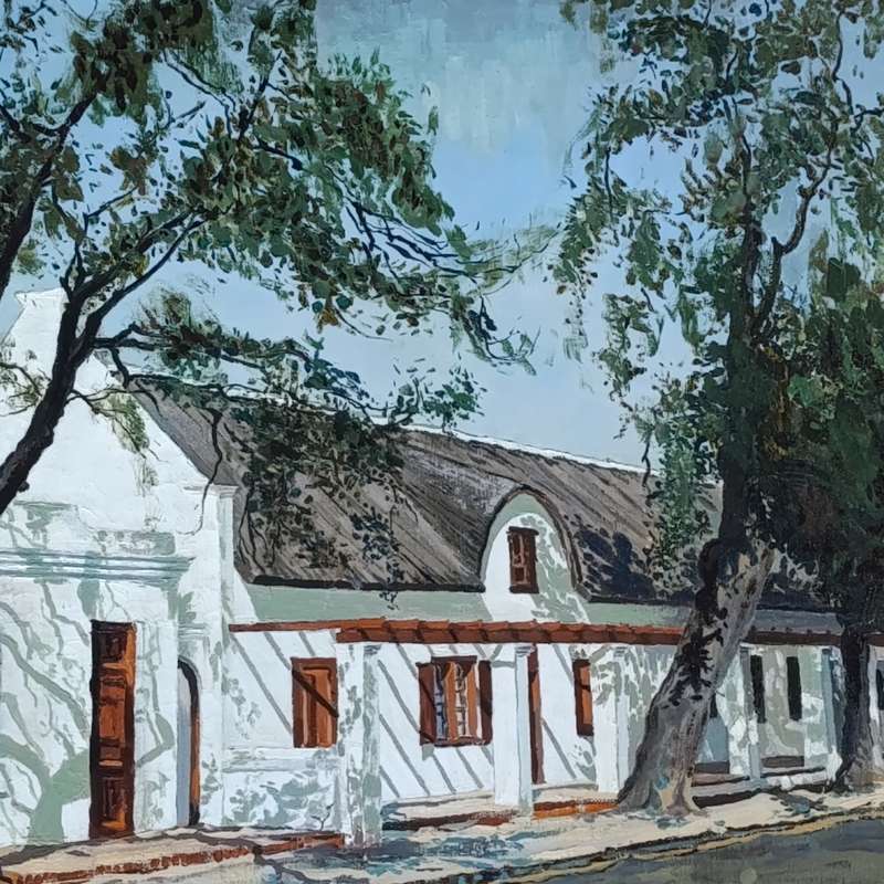 Manie Weber oil painting on canvas of building in Market Street Stellenbosch