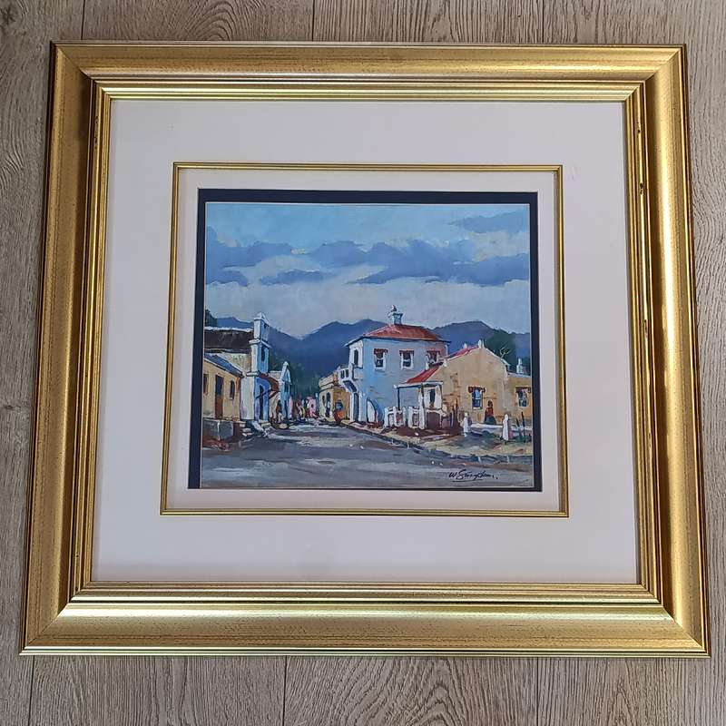 Beautiful Oil Painting of town houses by Willie Strydom in frame