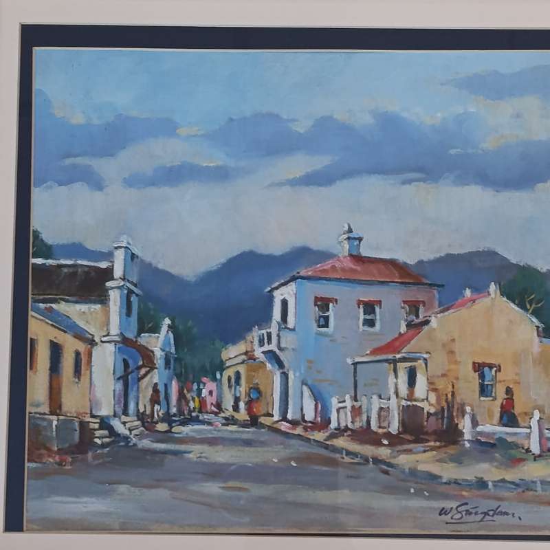 Beautiful Oil Painting of town houses by Willie Strydom in frame