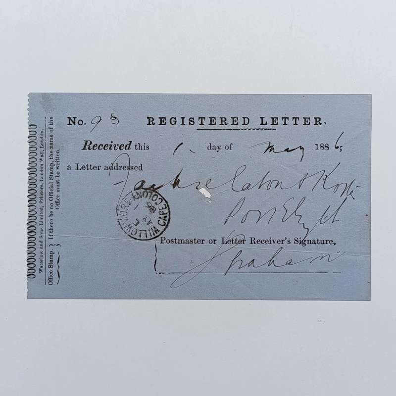1886 Registered letter receipt, sent from Willowmore to Port Elizabeth