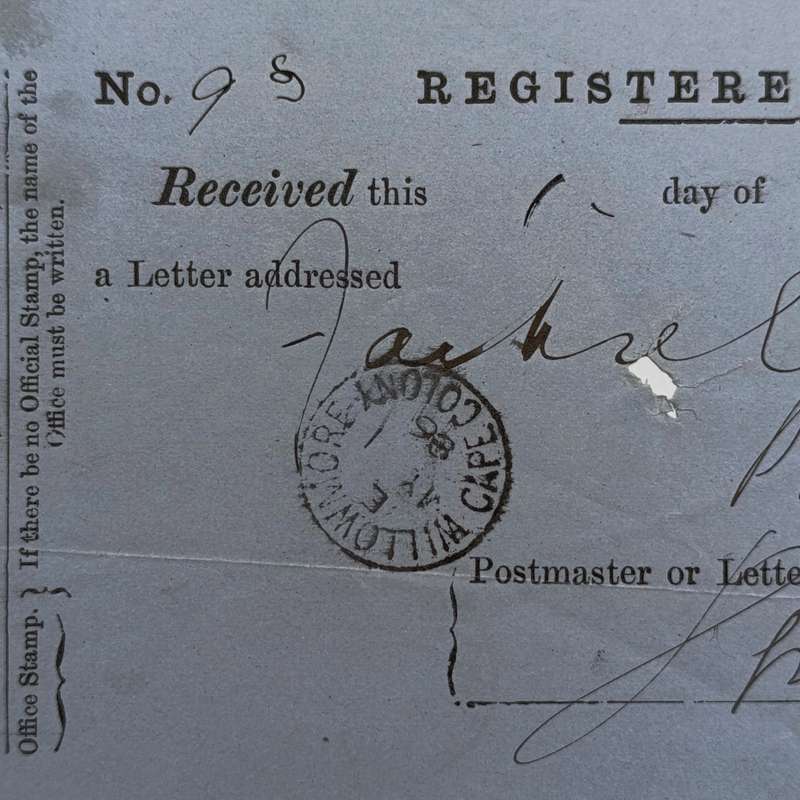 1886 Registered letter receipt, sent from Willowmore to Port Elizabeth