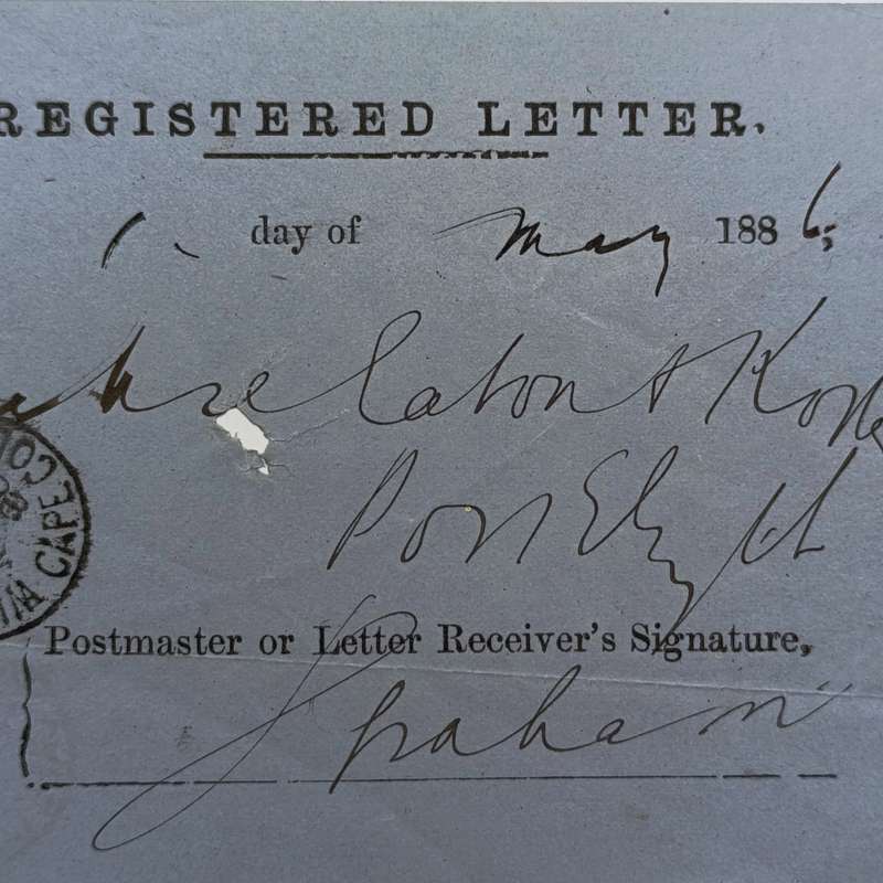 1886 Registered letter receipt, sent from Willowmore to Port Elizabeth