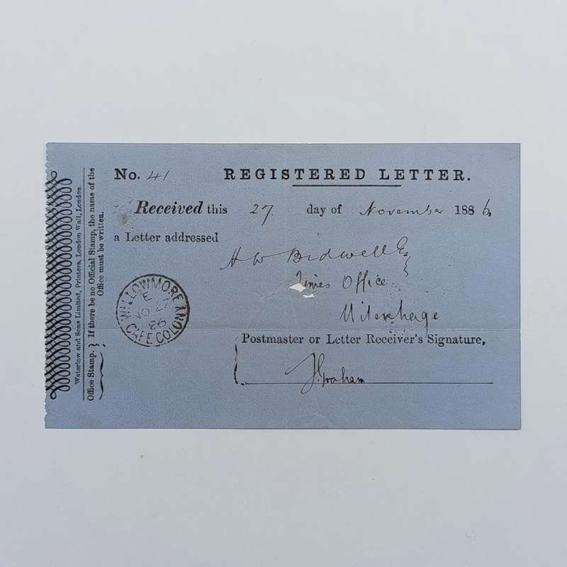 1886 Registered letter receipt - Willowmore to Uitenhage, signed by Postmaster