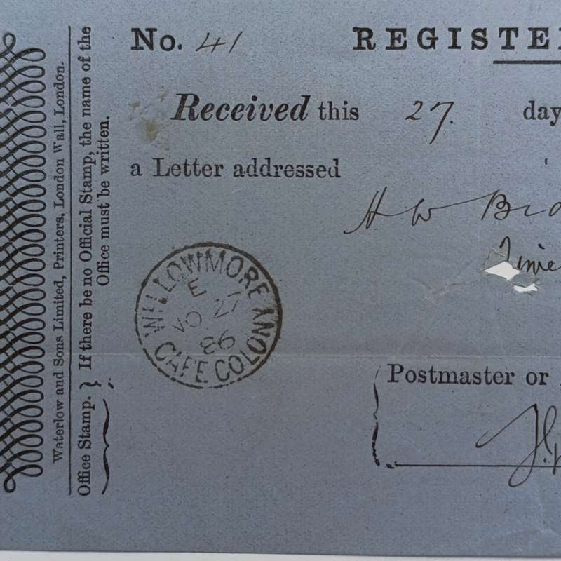 1886 Registered letter receipt - Willowmore to Uitenhage, signed by Postmaster