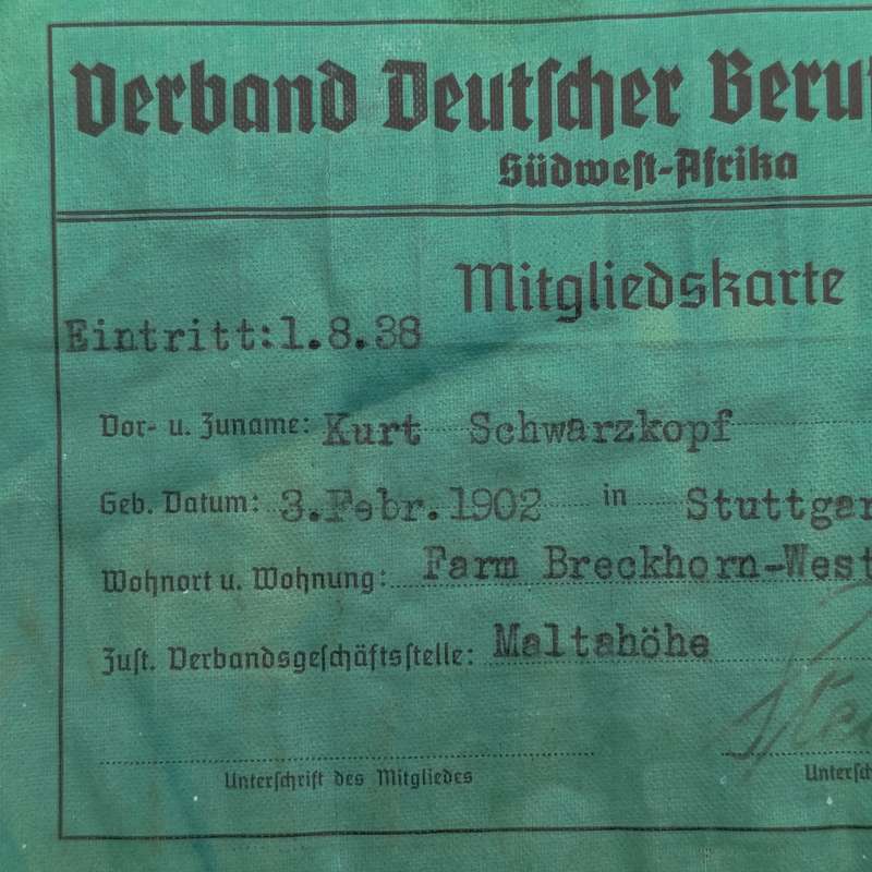 South West Africa Assosiation of German professionals 1938/1939 membership card with Nazi token