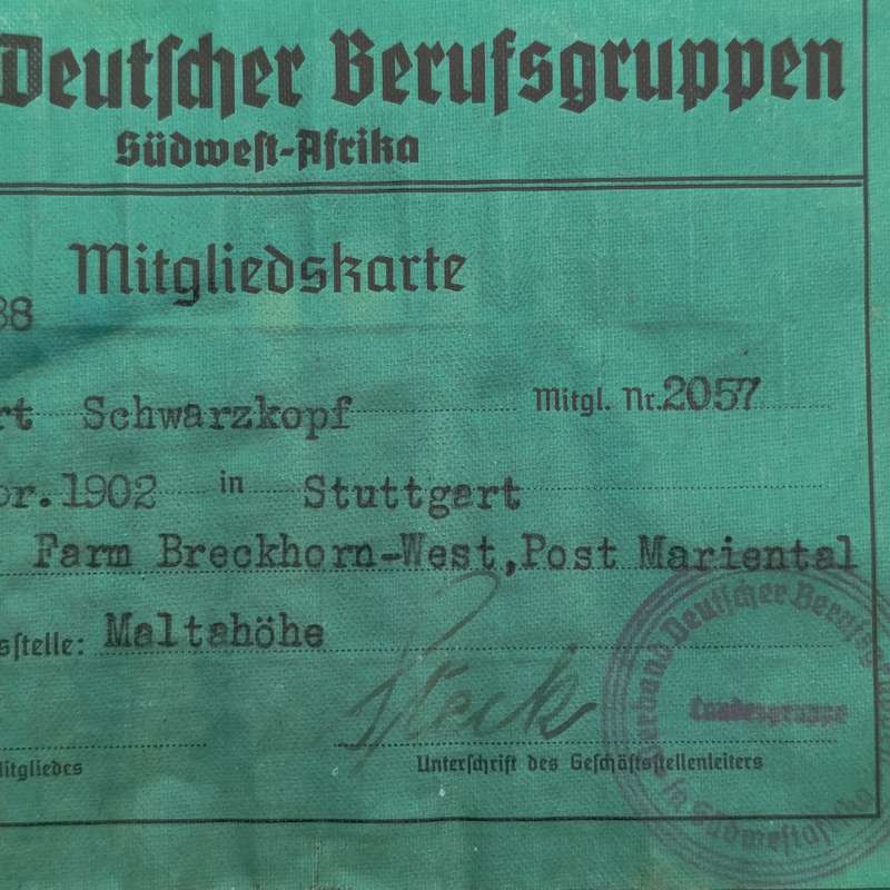 South West Africa Assosiation of German professionals 1938/1939 membership card with Nazi token