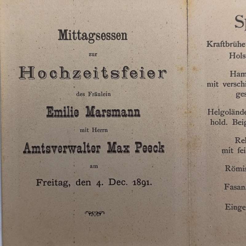1891 Wedding reception card for Emile Marsman & Max Peeck with menu - Germany