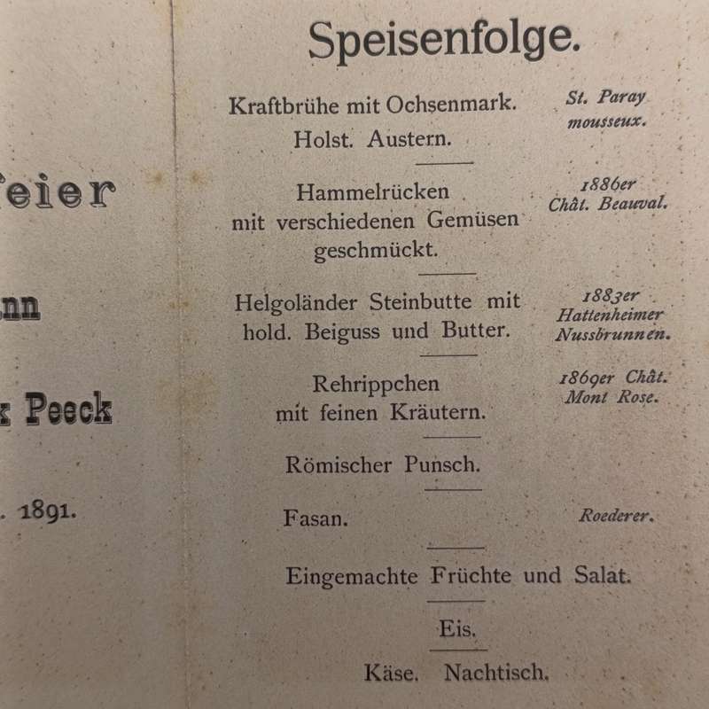 1891 Wedding reception card for Emile Marsman & Max Peeck with menu - Germany