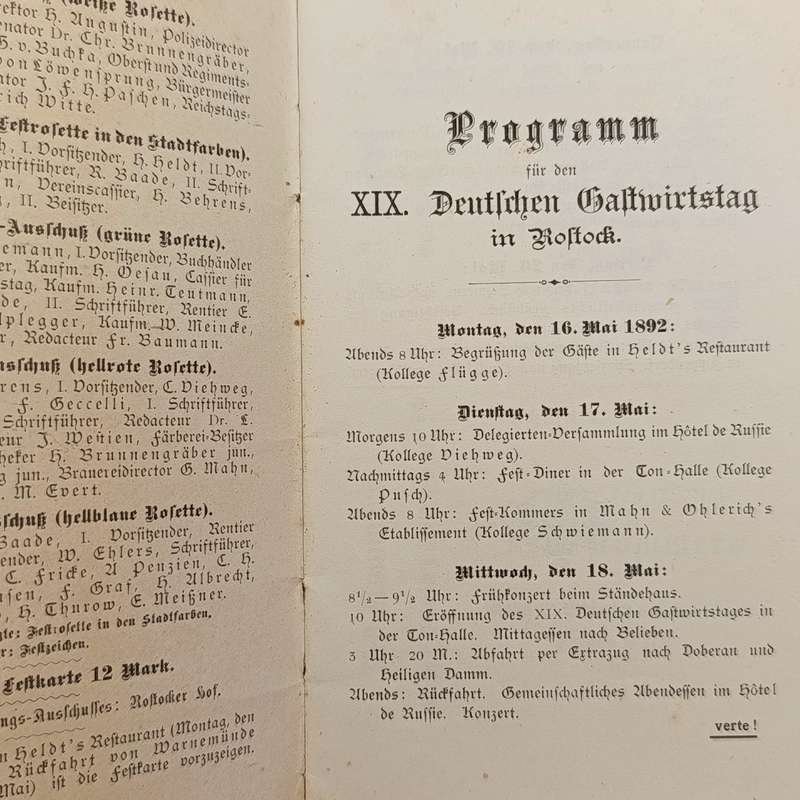 1892 German Inkeepers day Celebration card with tickets for the Festive table special trips