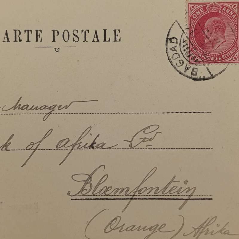 Postcard from Bagdad Iraq to Bloemfontein, South Africa (pre union) posted 8 Jan 1910