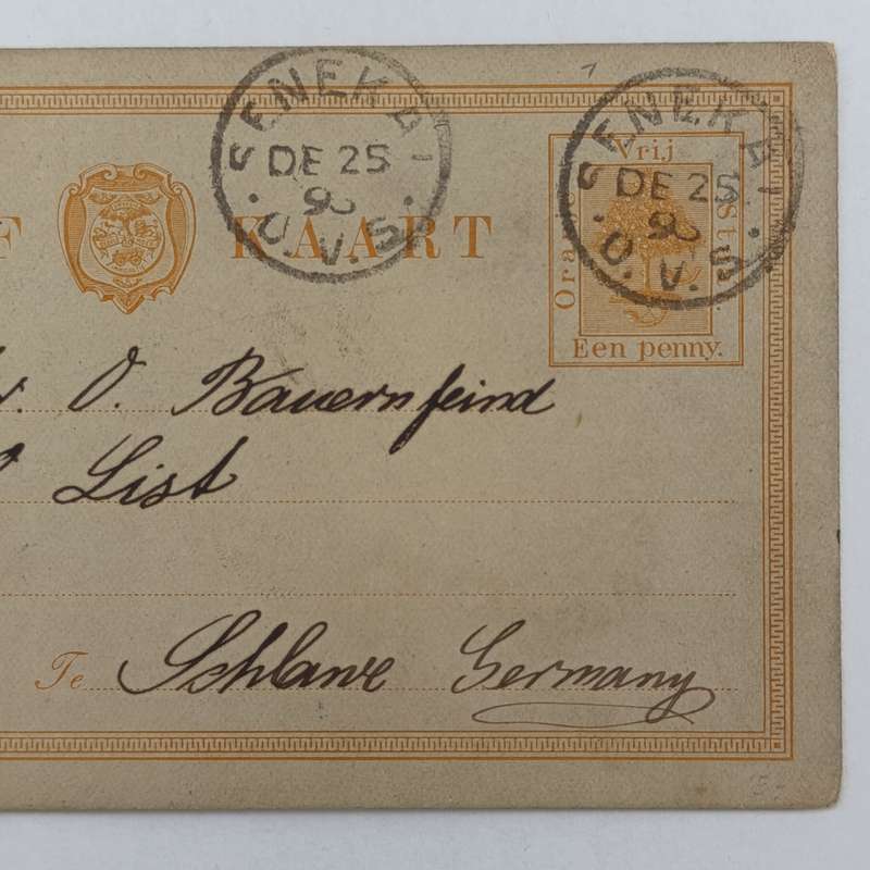 Letter card from Senekal, Freestate to Germany - Posted on Christmas day 1896 - unusual