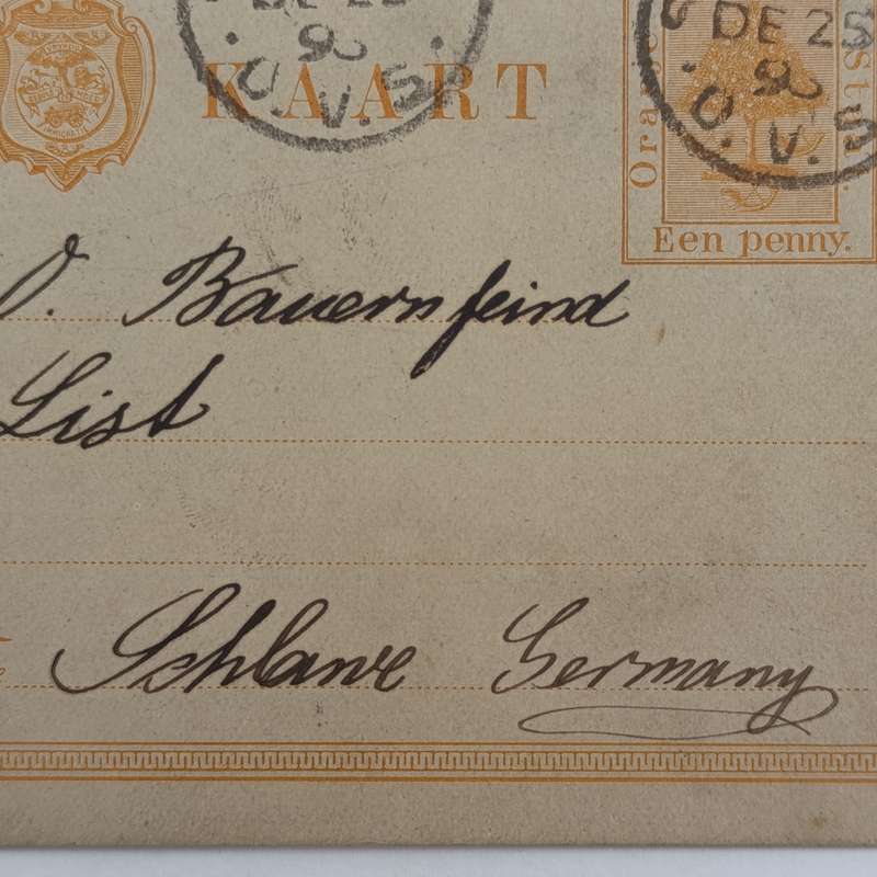 Letter card from Senekal, Freestate to Germany - Posted on Christmas day 1896 - unusual