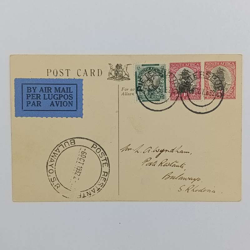 Airmail postcard Pietersburg, South Africa to Bulawayo, Southern Rhodesia posted 6 October 1932