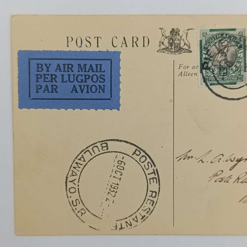 Airmail postcard Pietersburg, South Africa to Bulawayo, Southern Rhodesia posted 6 October 1932