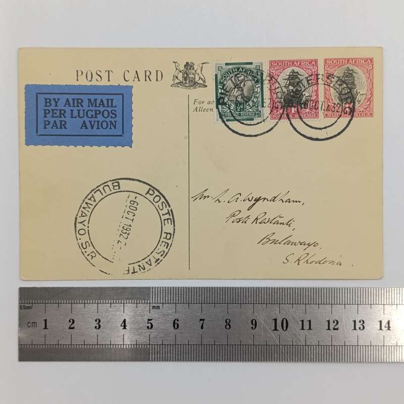 Airmail postcard Pietersburg, South Africa to Bulawayo, Southern Rhodesia posted 6 October 1932