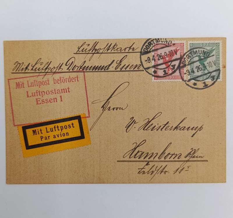 German airmail card flown from Dortmund to Hamborn 9 April 1926