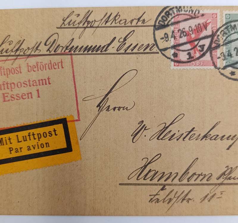 German airmail card flown from Dortmund to Hamborn 9 April 1926