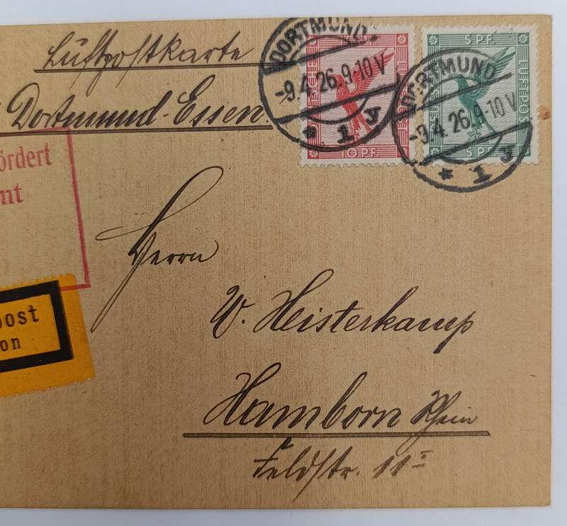 German airmail card flown from Dortmund to Hamborn 9 April 1926