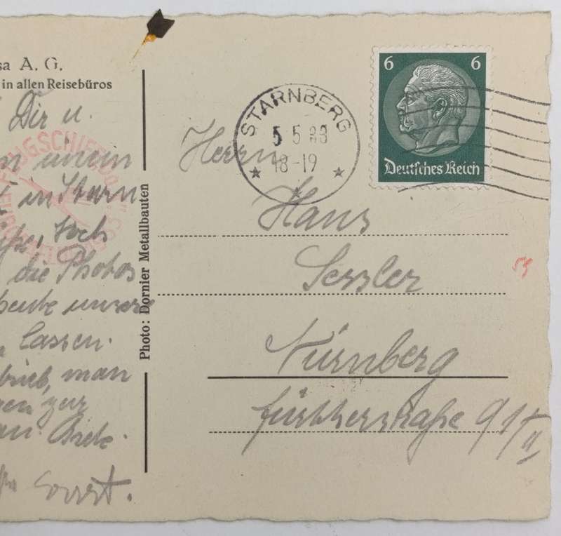 German Lufthansa flown postcard - Flugschiff Do "x" Europaflug 1933 Stormberg to Nurnberg