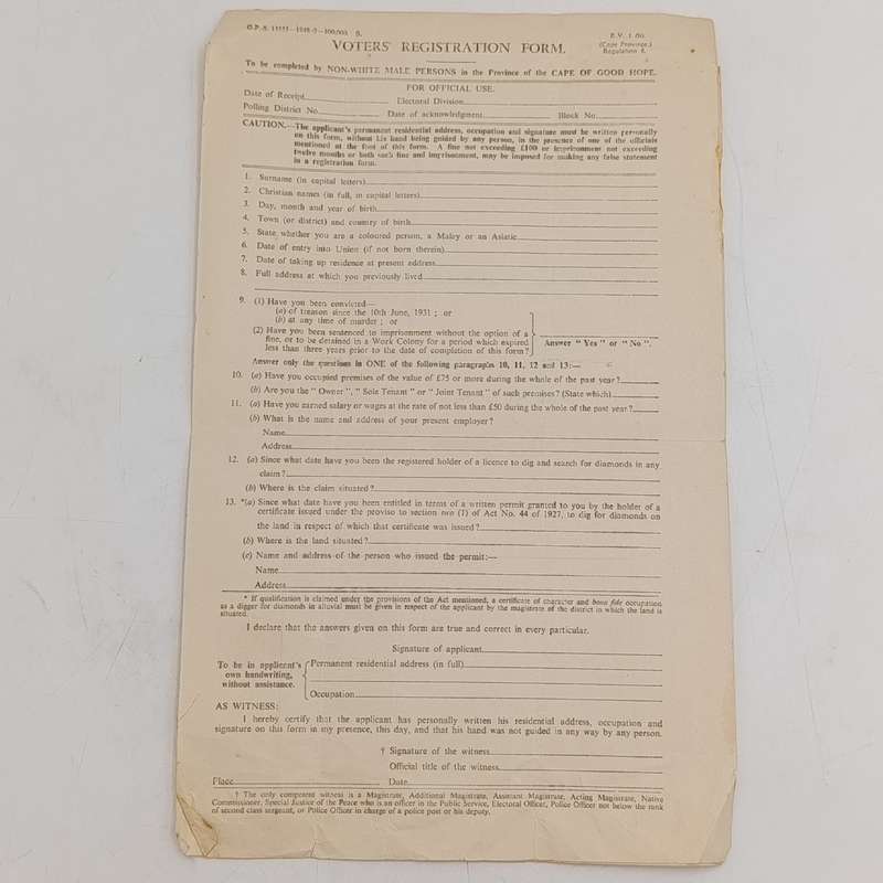 1948 Non - white male voters' Registration Form - for the Cape of Good Hope province - Pair