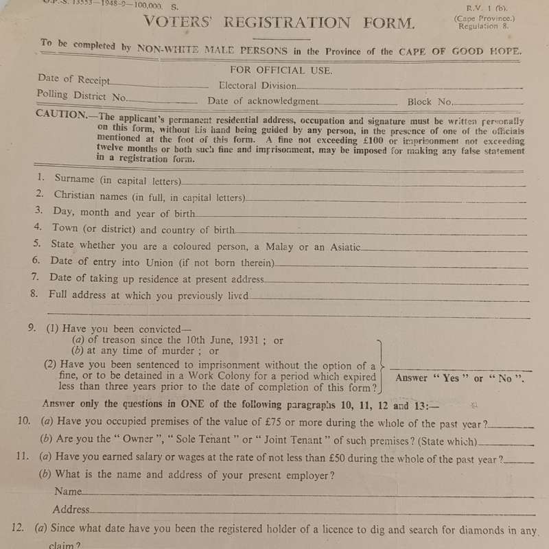 1948 Non - white male voters' Registration Form - for the Cape of Good Hope province - Pair