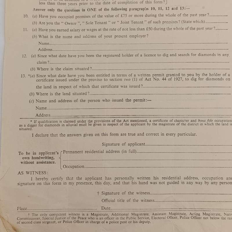 1948 Non - white male voters' Registration Form - for the Cape of Good Hope province - Pair