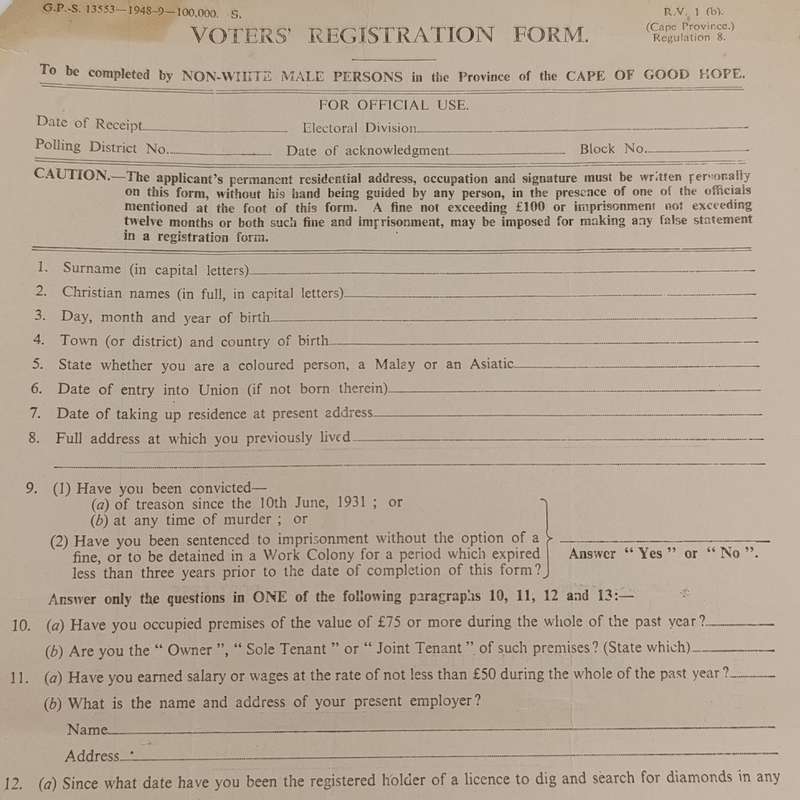 1948 Non - white male voters' Registration Form - for the Cape of Good Hope province - Pair