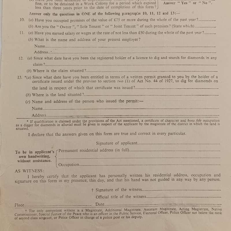 1948 Non - white male voters' Registration Form - for the Cape of Good Hope province - Pair