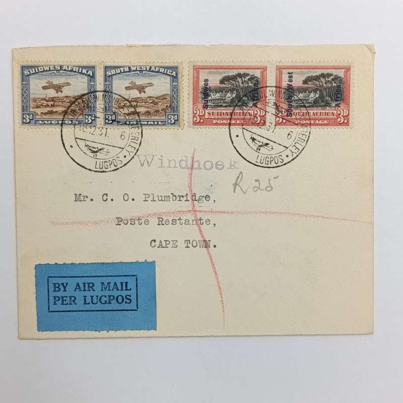 Airmail cover flown Windhoek South West Africa to Cape Town South Africa