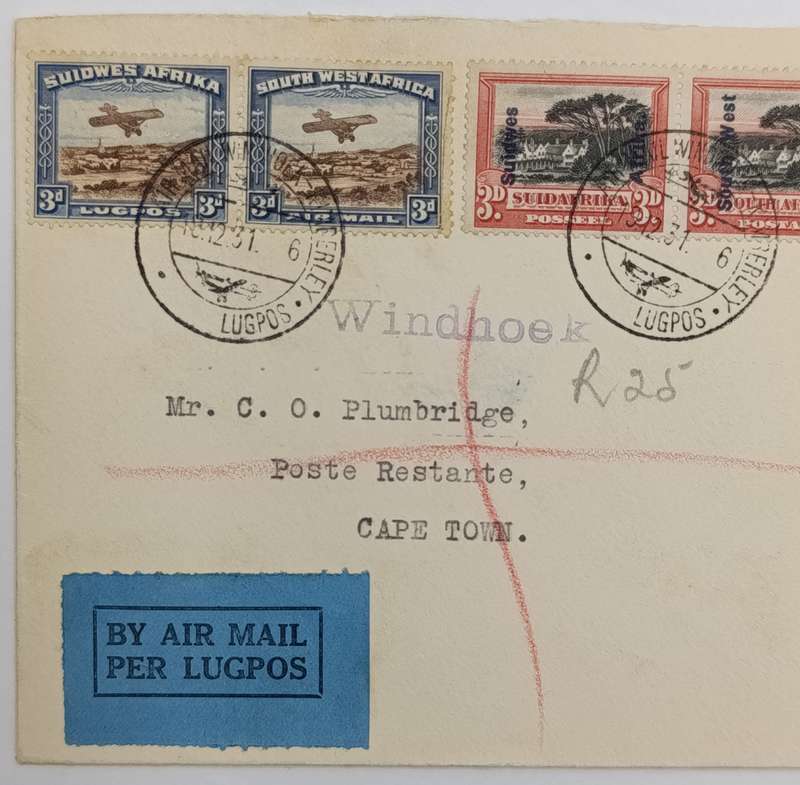 Airmail cover flown Windhoek South West Africa to Cape Town South Africa