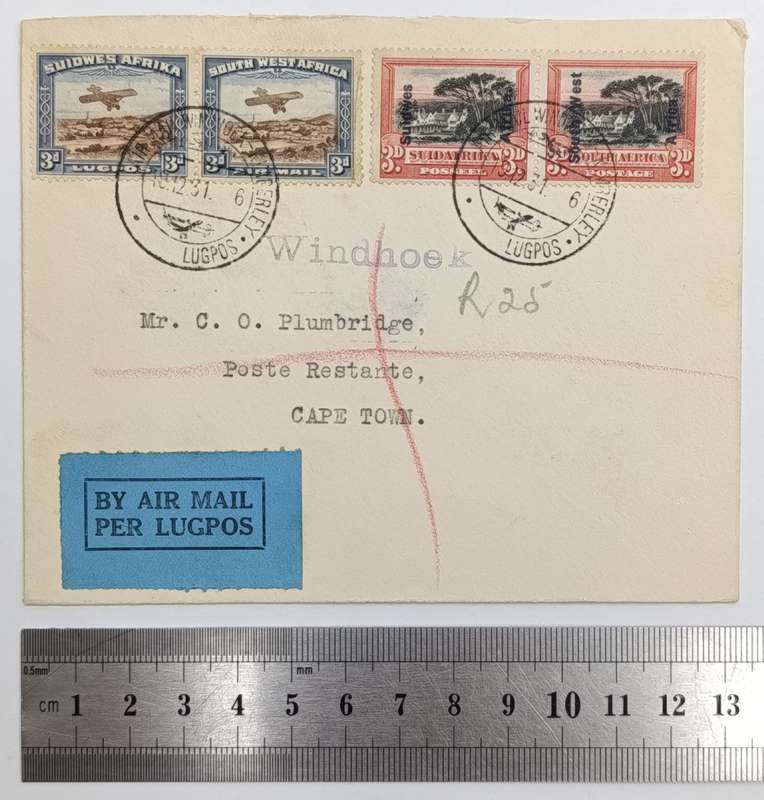 Airmail cover flown Windhoek South West Africa to Cape Town South Africa