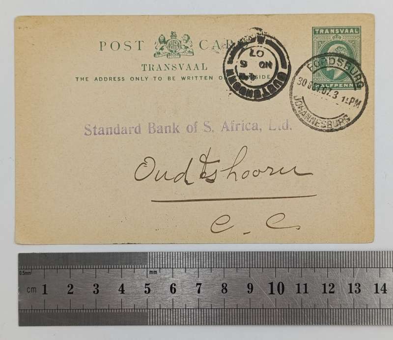 Postcard Fordsburg Transvaal (Johannesburg) to Oudtshoorn Cape colony 30 October 1907