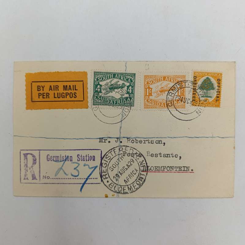 Registered airmail cover Germiston Station to Bloemfontein, South Africa with Orange airmail label
