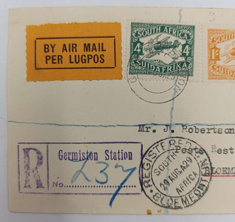 Registered airmail cover Germiston Station to Bloemfontein, South Africa with Orange airmail label
