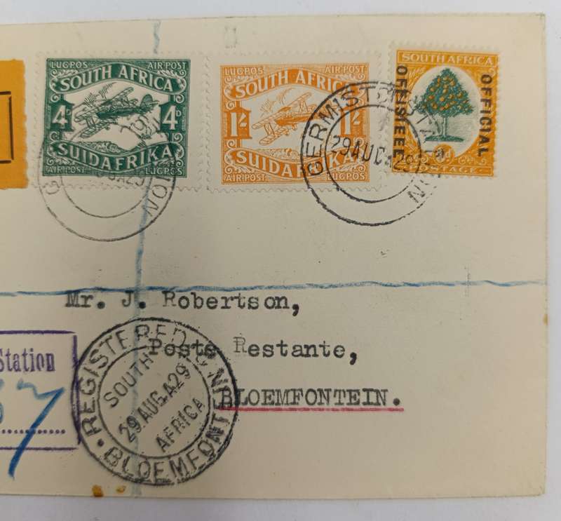 Registered airmail cover Germiston Station to Bloemfontein, South Africa with Orange airmail label