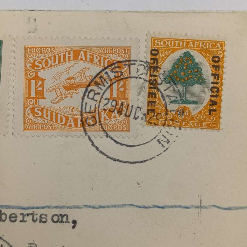 Registered airmail cover Germiston Station to Bloemfontein, South Africa with Orange airmail label
