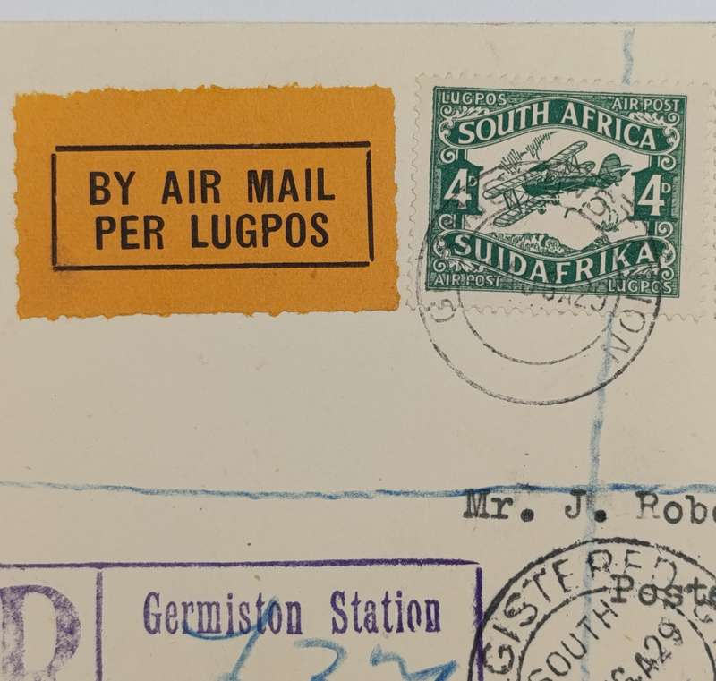 Registered airmail cover Germiston Station to Bloemfontein, South Africa with Orange airmail label