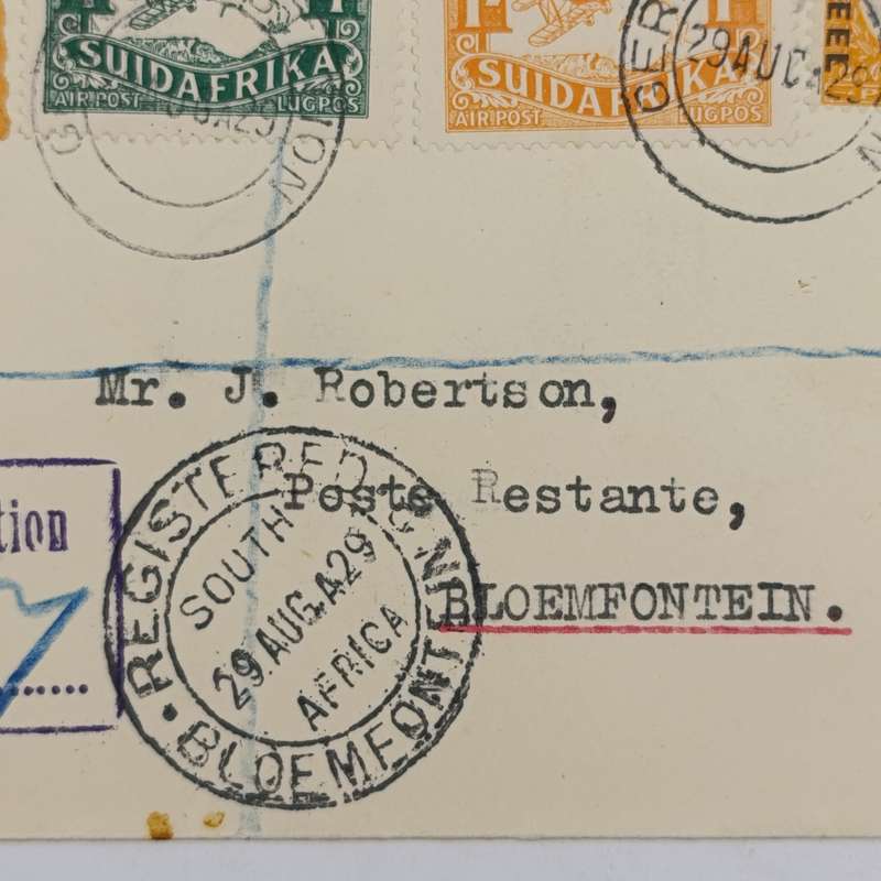 Registered airmail cover Germiston Station to Bloemfontein, South Africa with Orange airmail label