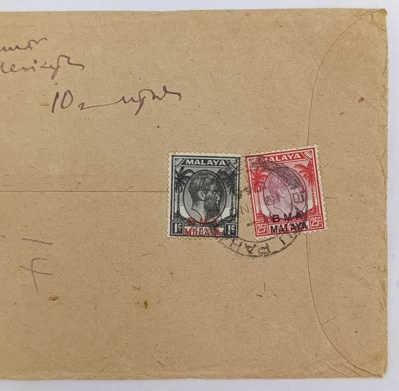 India Batu Pahat registered mail cover - 1946 - Malaya Stamps with BMA Malaya overprints